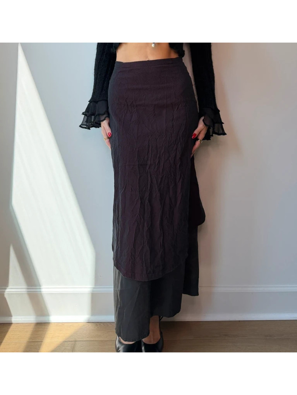 Vintage Cop Copine Y2K Burgundy Mermaid Maxi Skirt Layered Handkerchief Hem